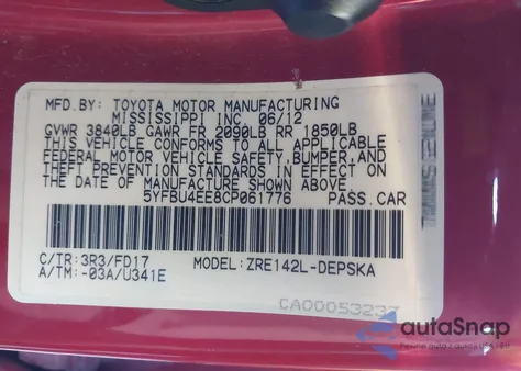 2012 Toyota Corolla S z USA, uszkodzony, nr VIN 5YFBU4EE8CP061776